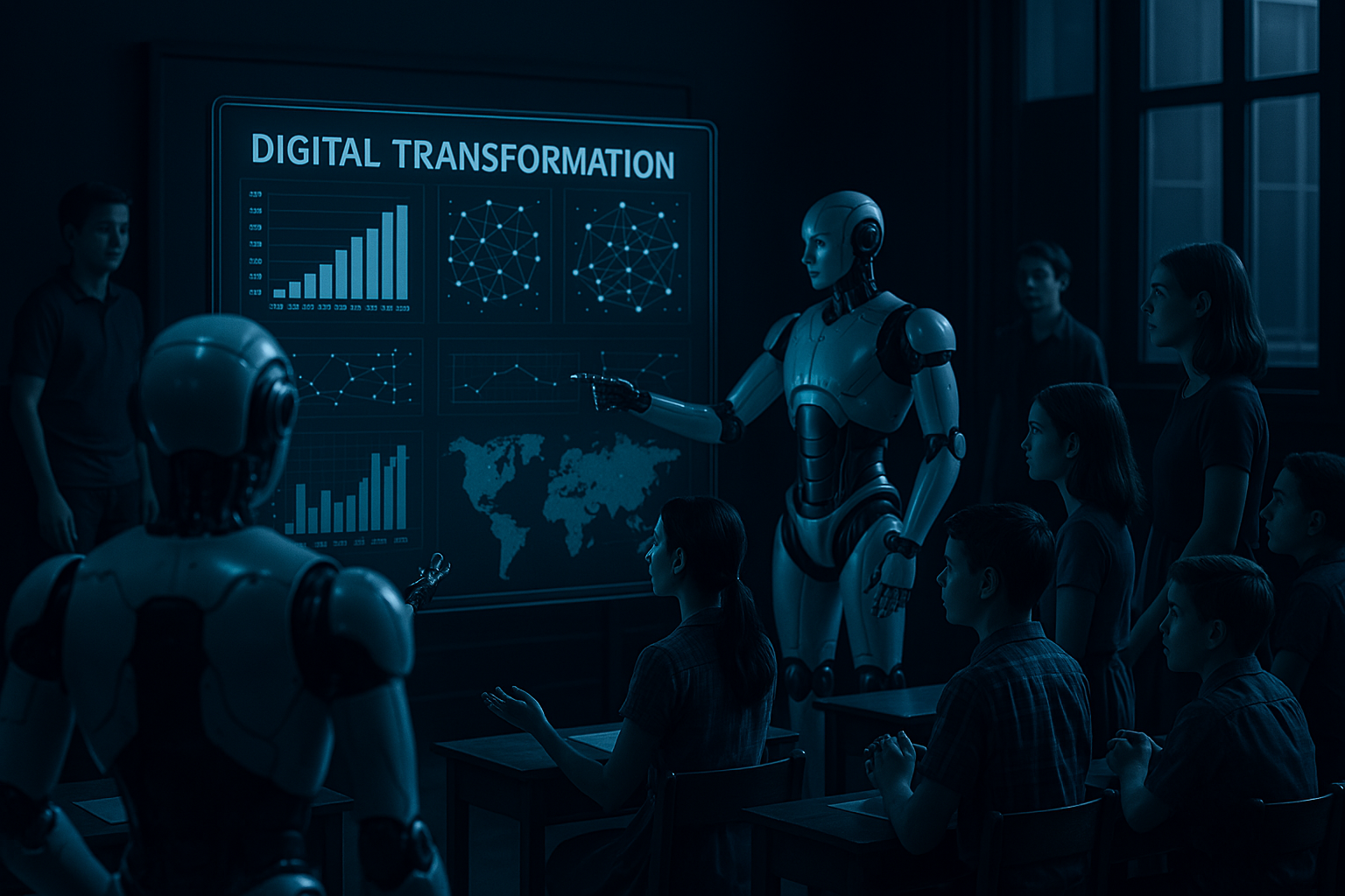 Foto Humanoide Roboter in einer Schule vor Tafel